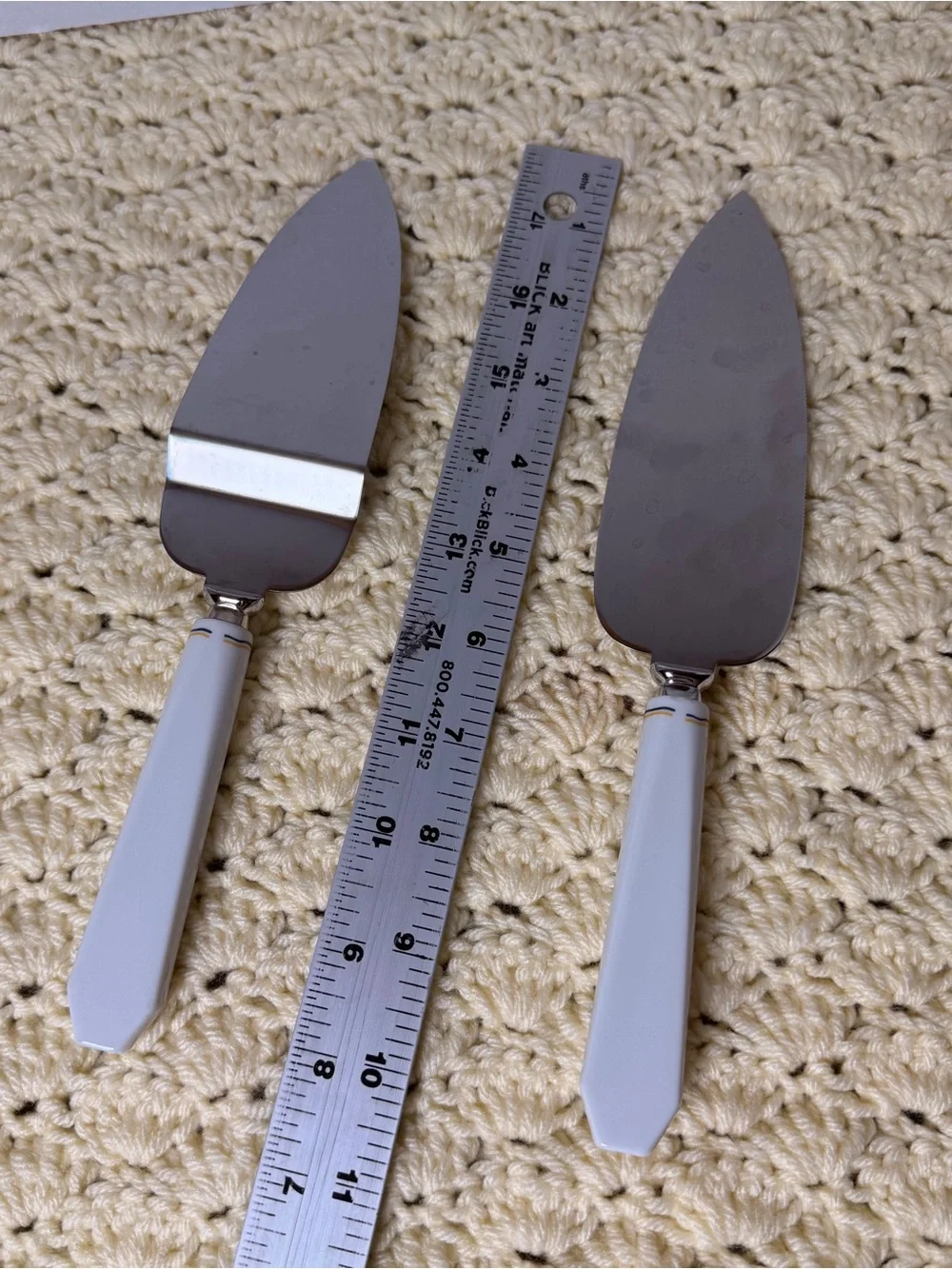 Lot Of 2 Vintage Shafford Pie Cake Dessert Server Stainless Ceramic Shell Handle